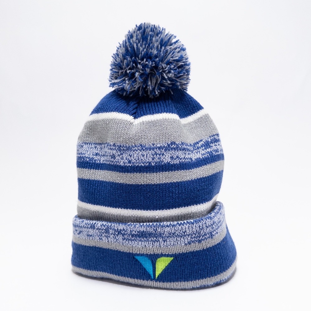 New Era Pom Pom‎ Knit Beanie Gray Blue Striped Winter Hat - Picture 10 of 17